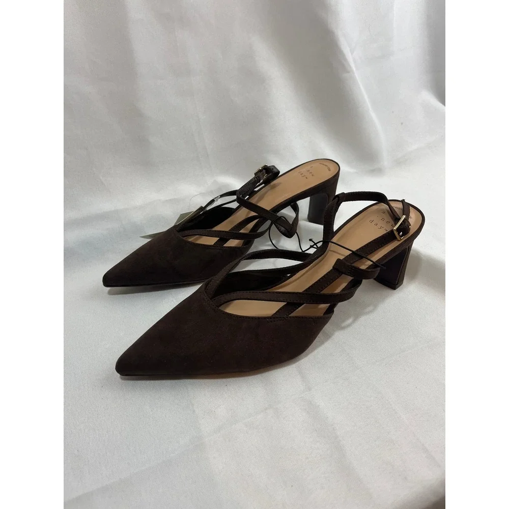 A New Day Womens Strappy Pointed Toe Block Heel Slingback Pumps Brown Size 8.5